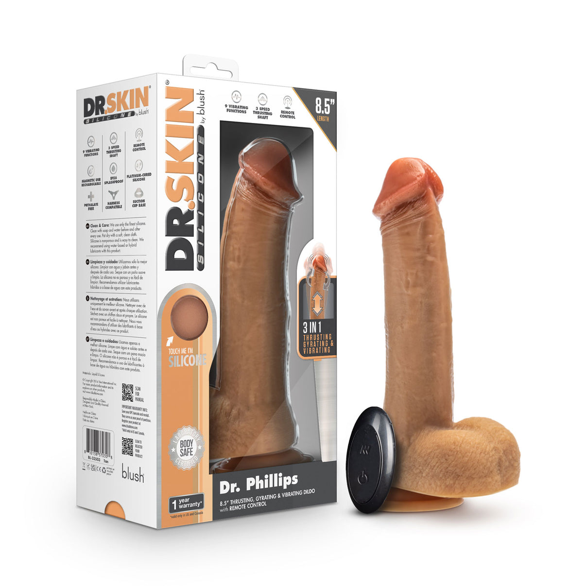 Dr. Skin Silicone - Dr. Phillips - 8.5 Inch Thrusting Dildo - Tan | 810138370308 | Discreet Personal Wellness