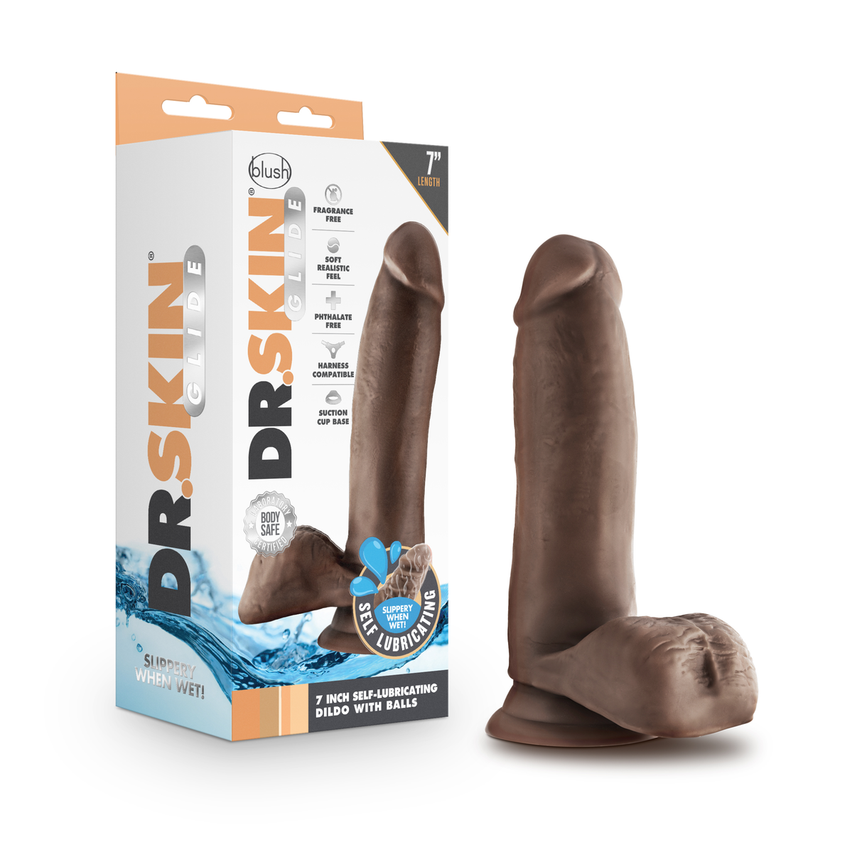 Dr. Skin Glide - 7 Inch Self Lubricating Dildo With Balls - Chocolate | 819835027928 | Discreet Personal Wellness