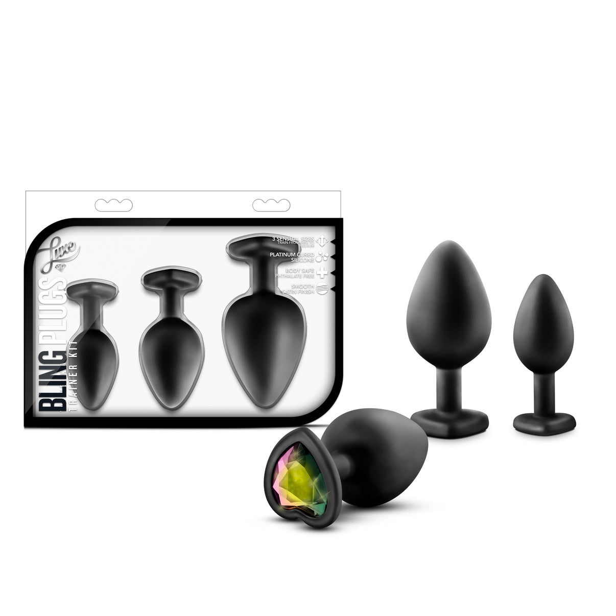 Luxe - Bling Plugs Training Kit - Black with Rainbow Gems | 819835020691 | Discreet Personal Wellness
