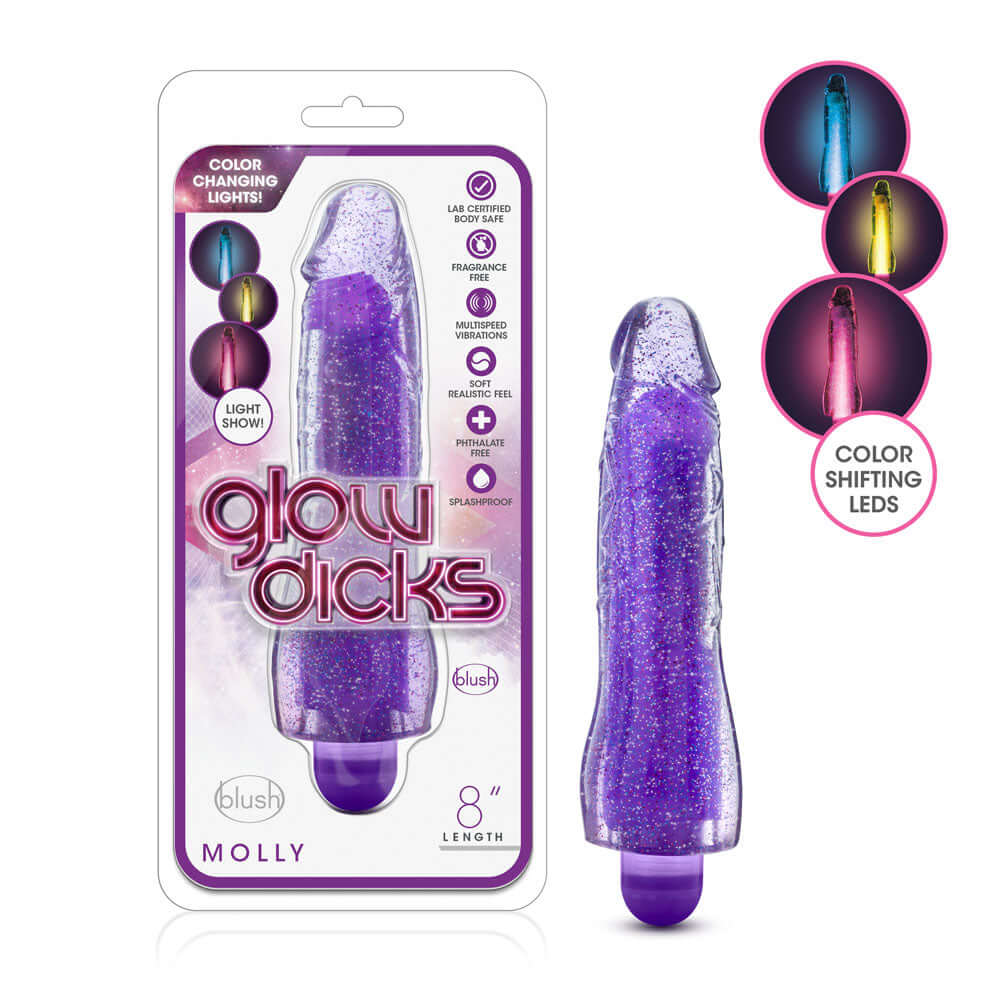 Glow Penis - Molly Glitter Vibrator - Purple | 819835023258 | Discreet Personal Wellness