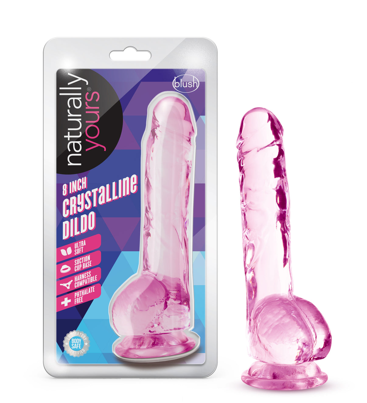Naturally Yours - 8 Inch Crystalline Dildo - Rose | 819835026822 | Discreet Personal Wellness