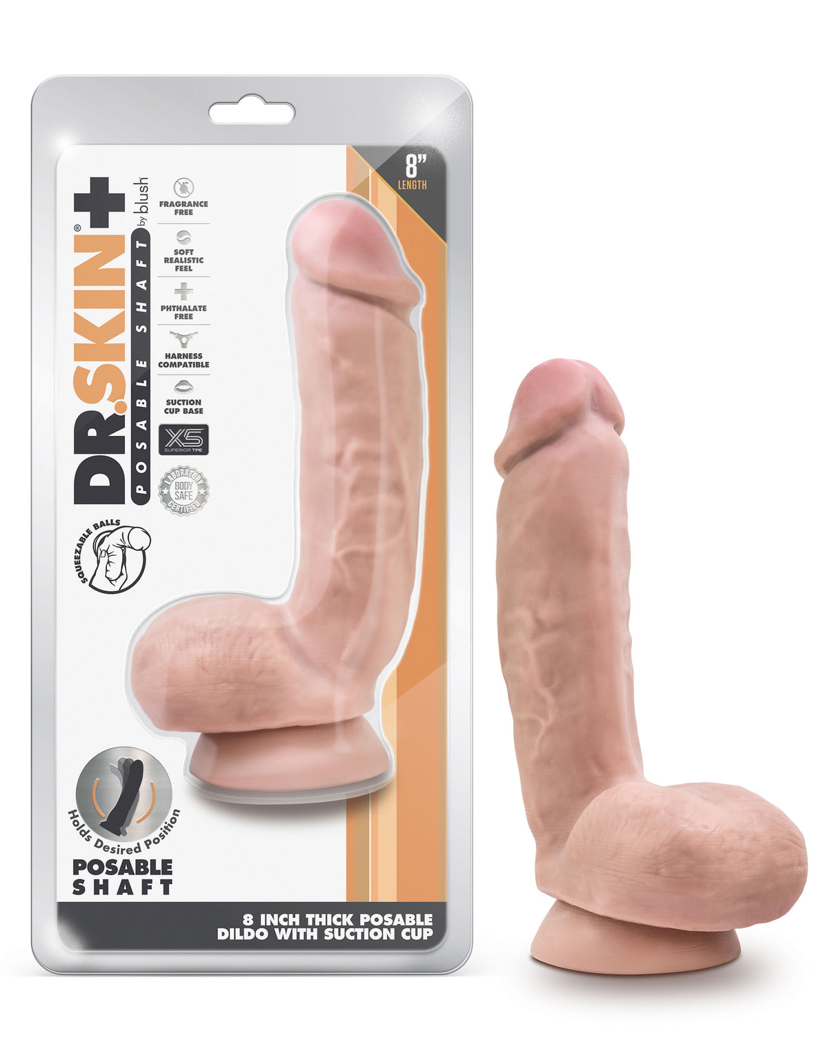 Dr. Skin Plus - 8 Inch Thick Poseable Dildo With Squeezable Balls - Vanilla | 819835028468 | Discreet Personal Wellness