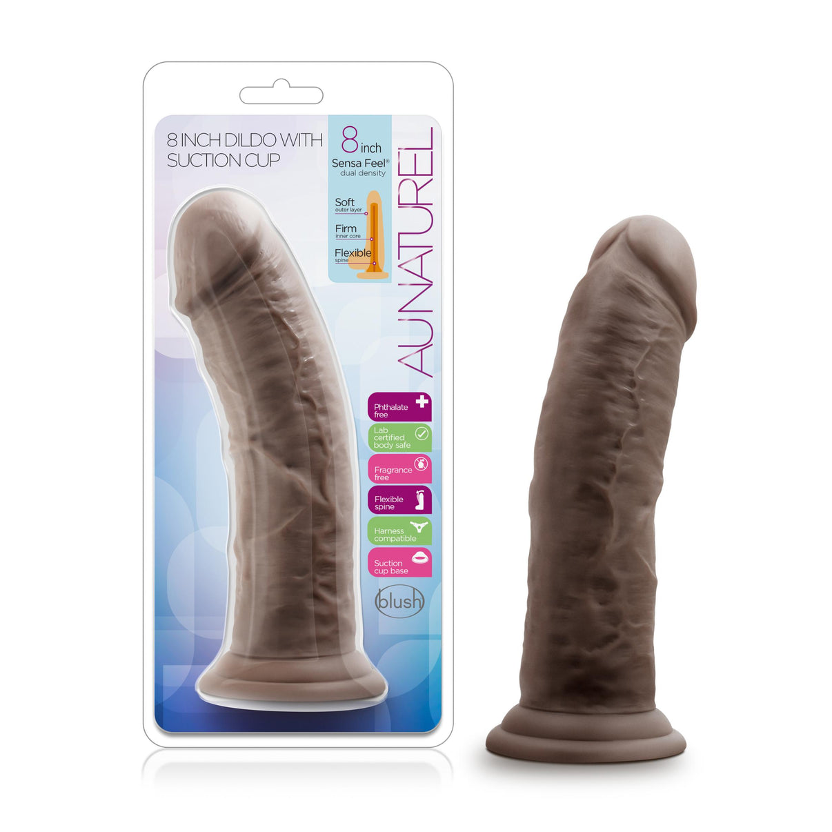 Au Naturel - 8 Inch Dildo With Suction Cup - Chocolate | 819835022909 | Discreet Personal Wellness