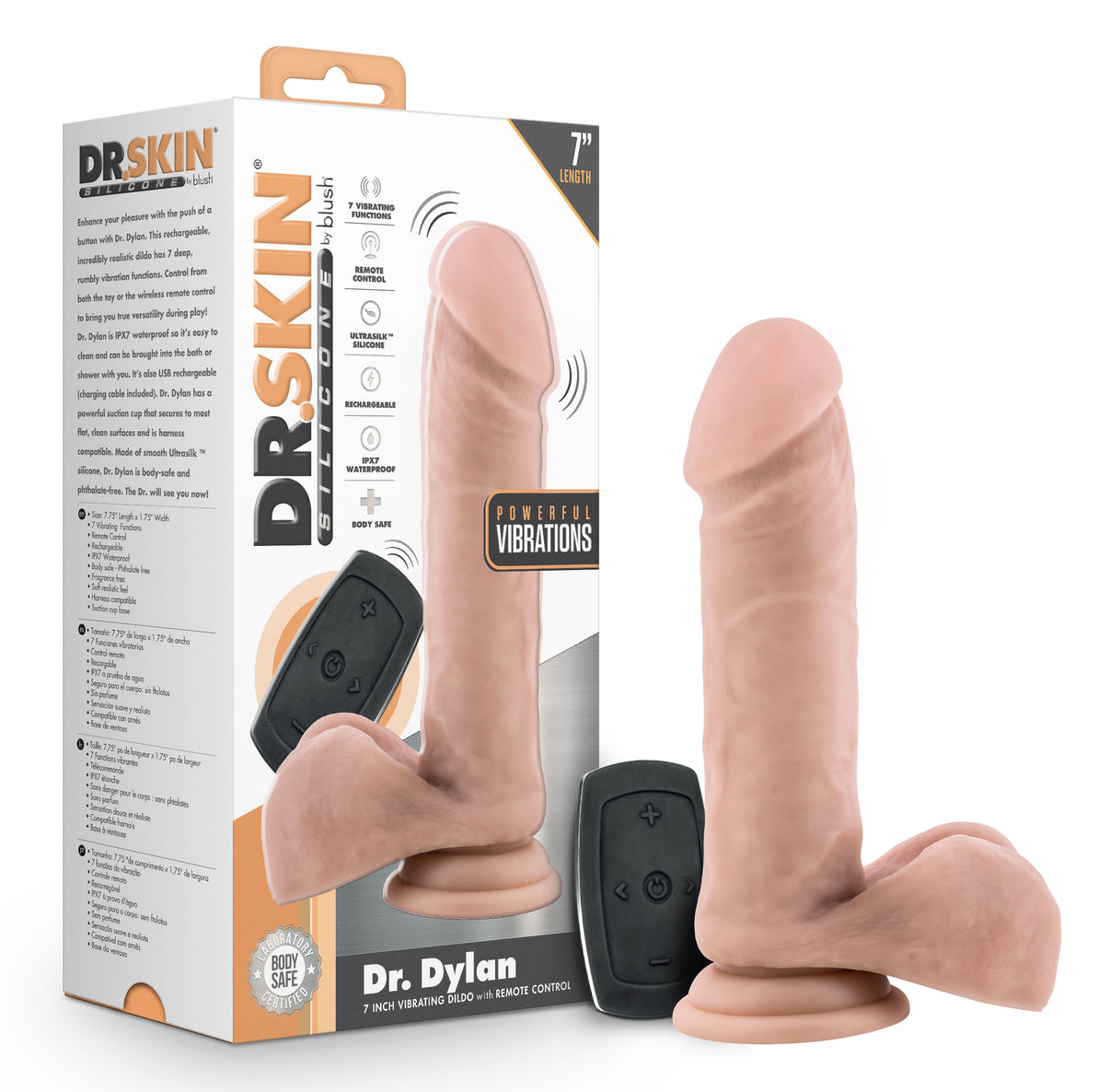 Dr. Skin Silicone - Dr. Dylan - 7 Inch Vibrating Dildo With Remote Control- Vanilla | 819835028390 | Discreet Personal Wellness