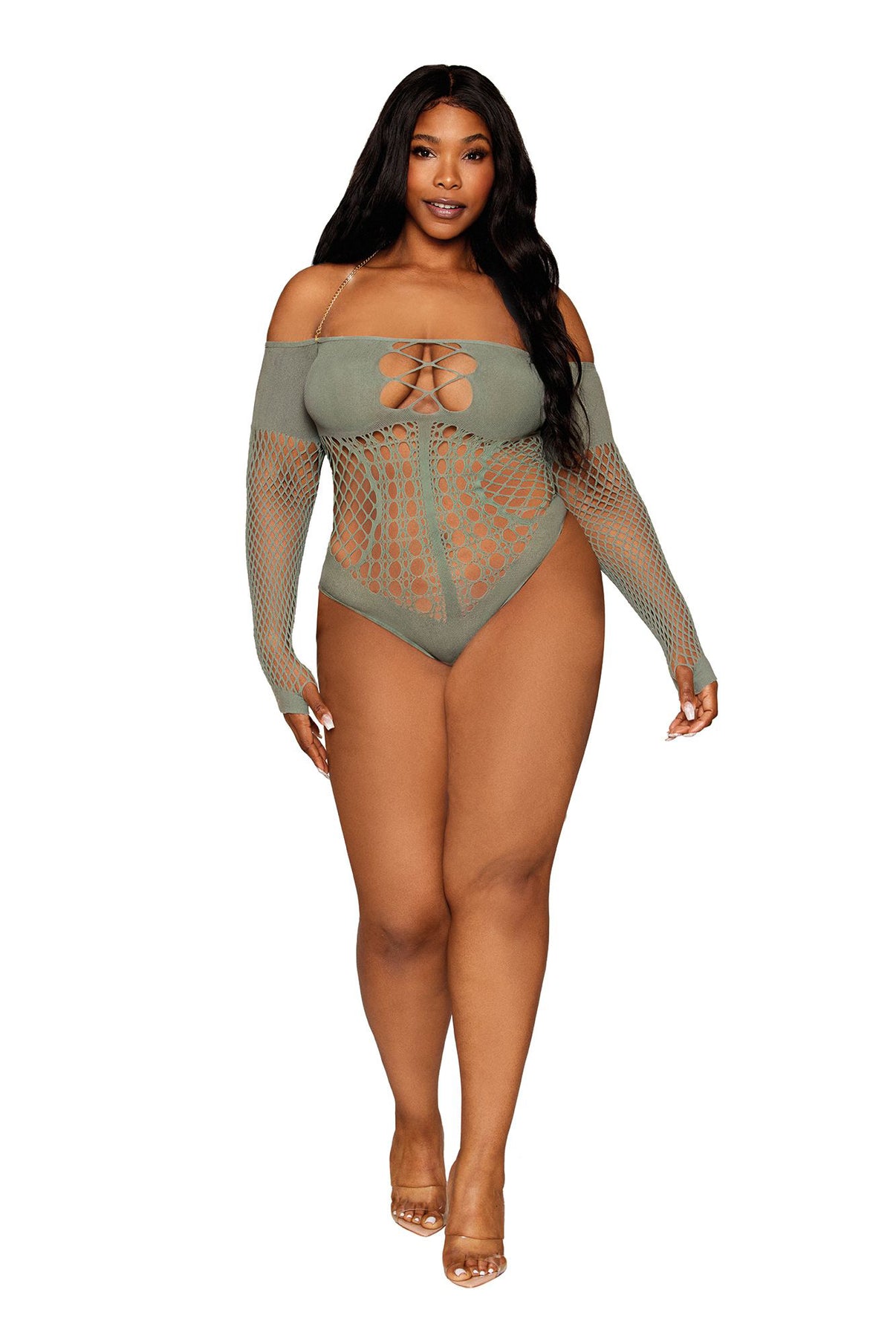 Long Sleeve Teddy - Queen Size - Sage | 888368346820 | Discreet Personal Wellness