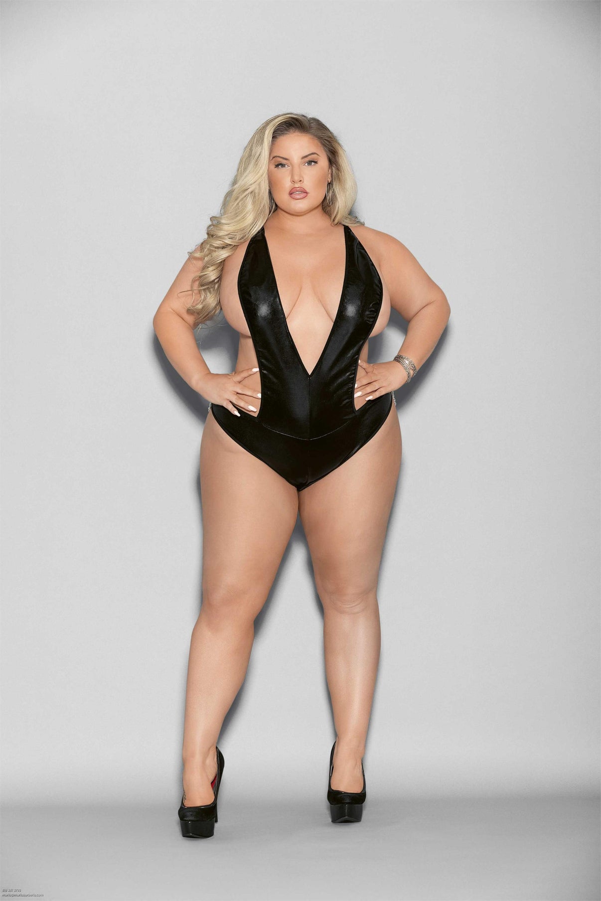 Liquid Look Chain Back Open Crotch Teddy - Queen Size - Black | 763036321715 | Discreet Personal Wellness
