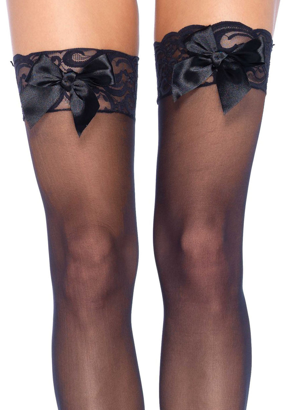 Sheer Lace Top Thigh Highs With Satin Bow Accent - One Size - Black | 714718003351 | Discreet Personal Wellness