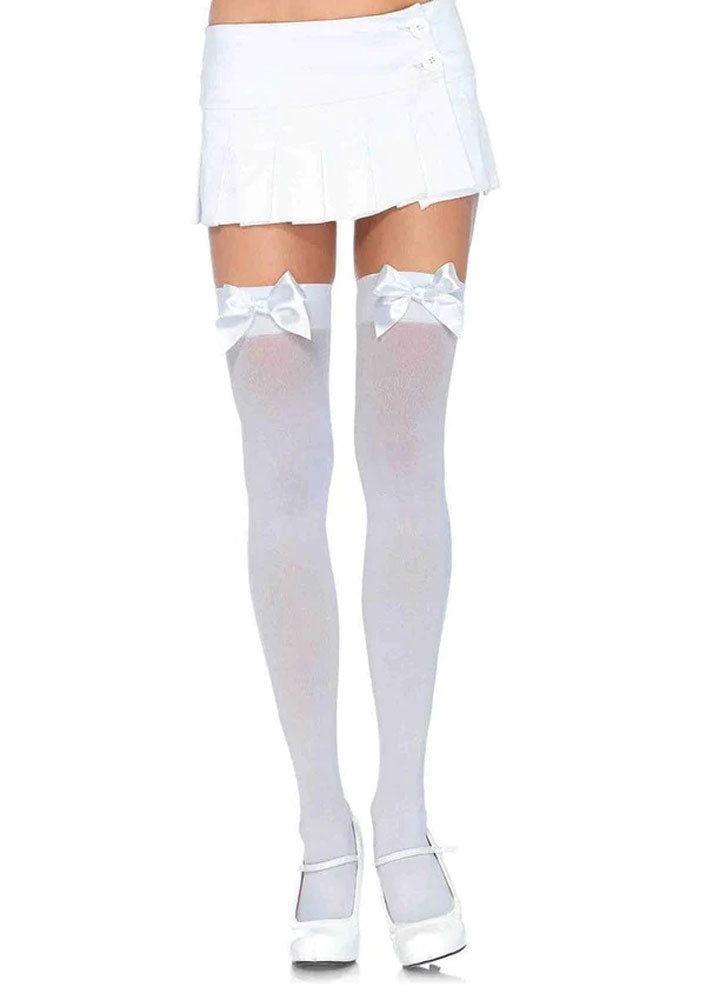 Opaque Thigh Highs With Satin Bow Accent - One Size - White | 714718006031 | Discreet Personal Wellness