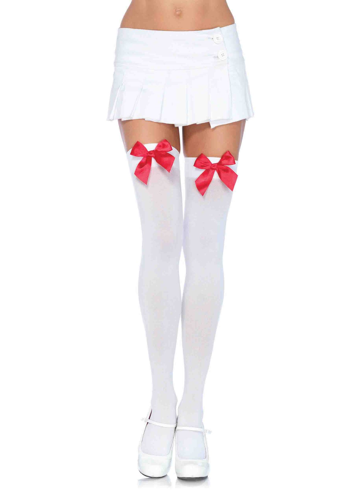 Nylon Over the Knee Socks - White With Red Bow | 714718074795 | Discreet Personal Wellness