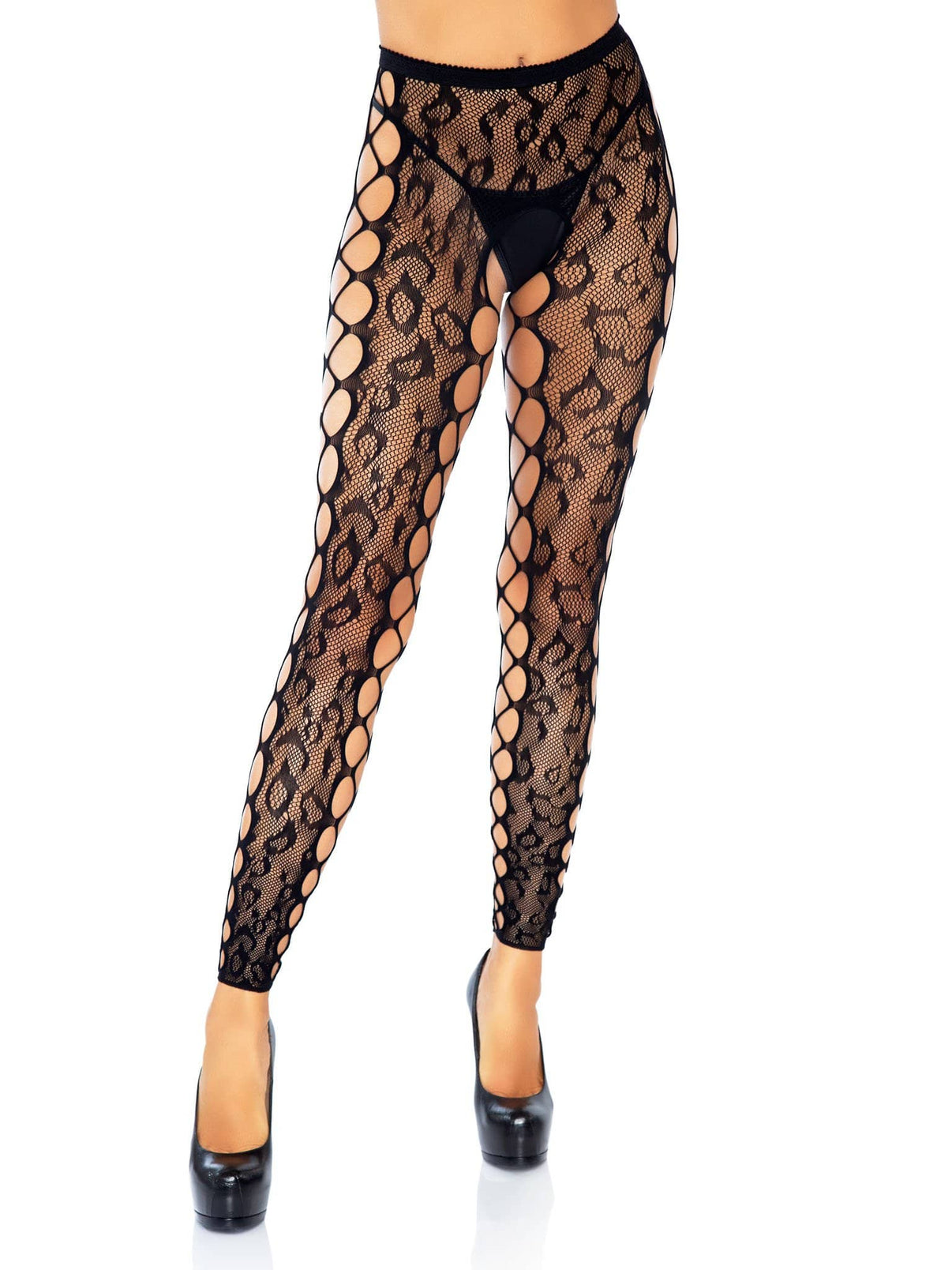 Footless Leopard Lace Crotchless Tights - Black | 714718555874 | Discreet Personal Wellness