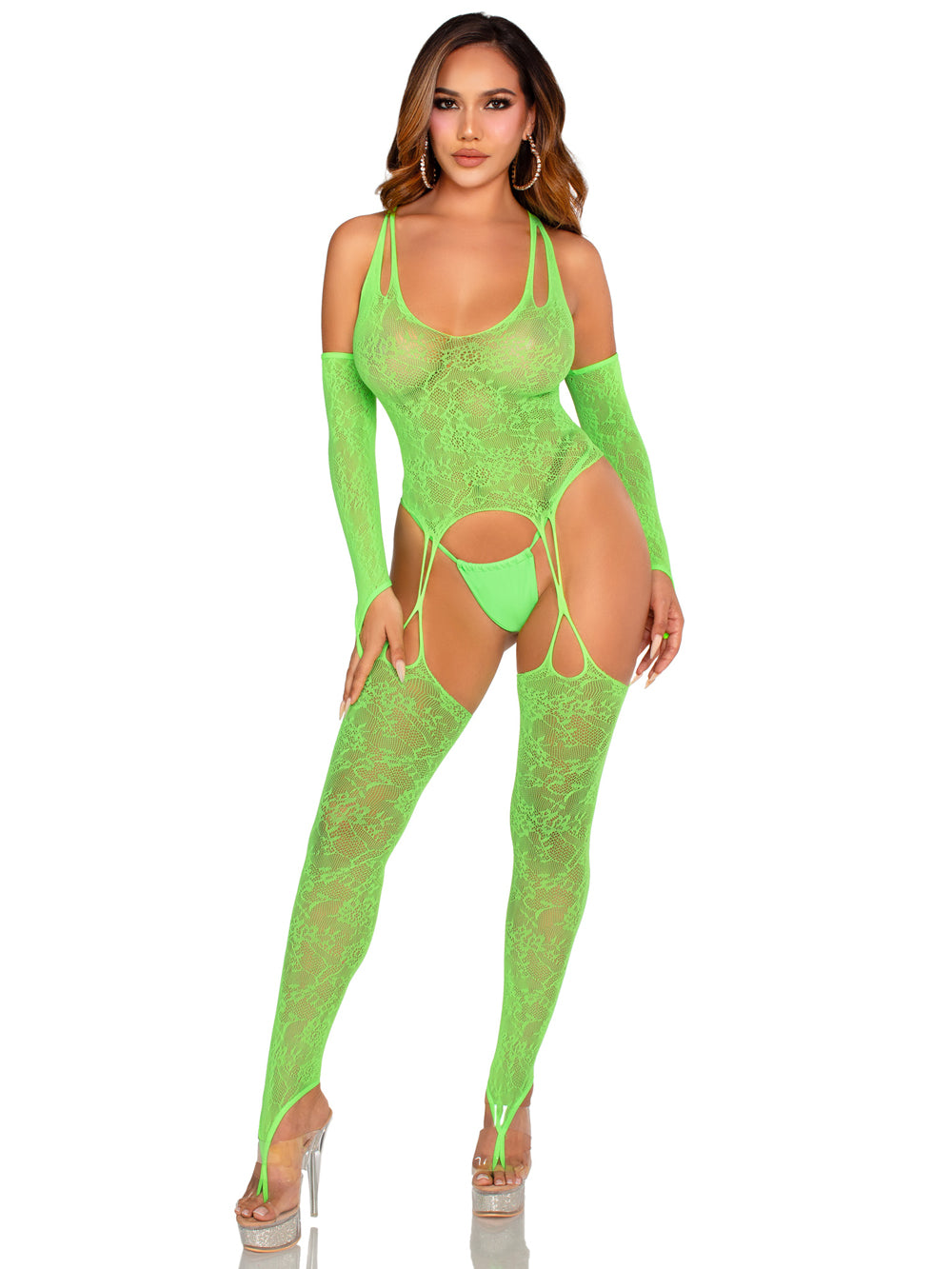 2 Pc Lace Halter Footless Cami Garter With Attached Toe Loop Stockings O/s - Neon Green | 714718574233 | Discreet Personal Wellness