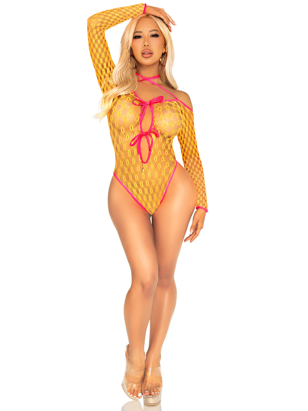 Eyelet Net Teddy With Tie-Front Keyhole Detail O/s - Neon Orange | 714718574417 | Discreet Personal Wellness
