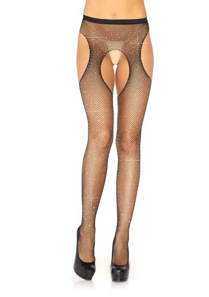 Casey Rhinestone Fishnet Suspender Pantyhose - One Size - Black | 714718541068 | Discreet Personal Wellness