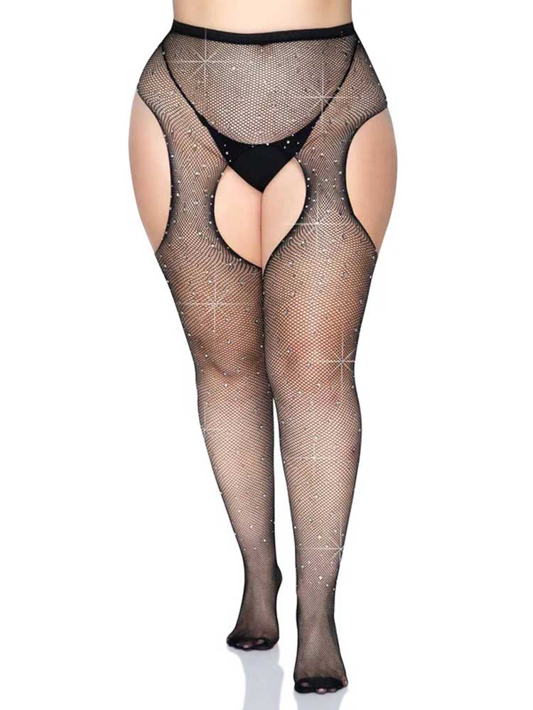 Casey Rhinestone Fishnet Suspender Pantyhose - Queen - Black | 714718541884 | Discreet Personal Wellness