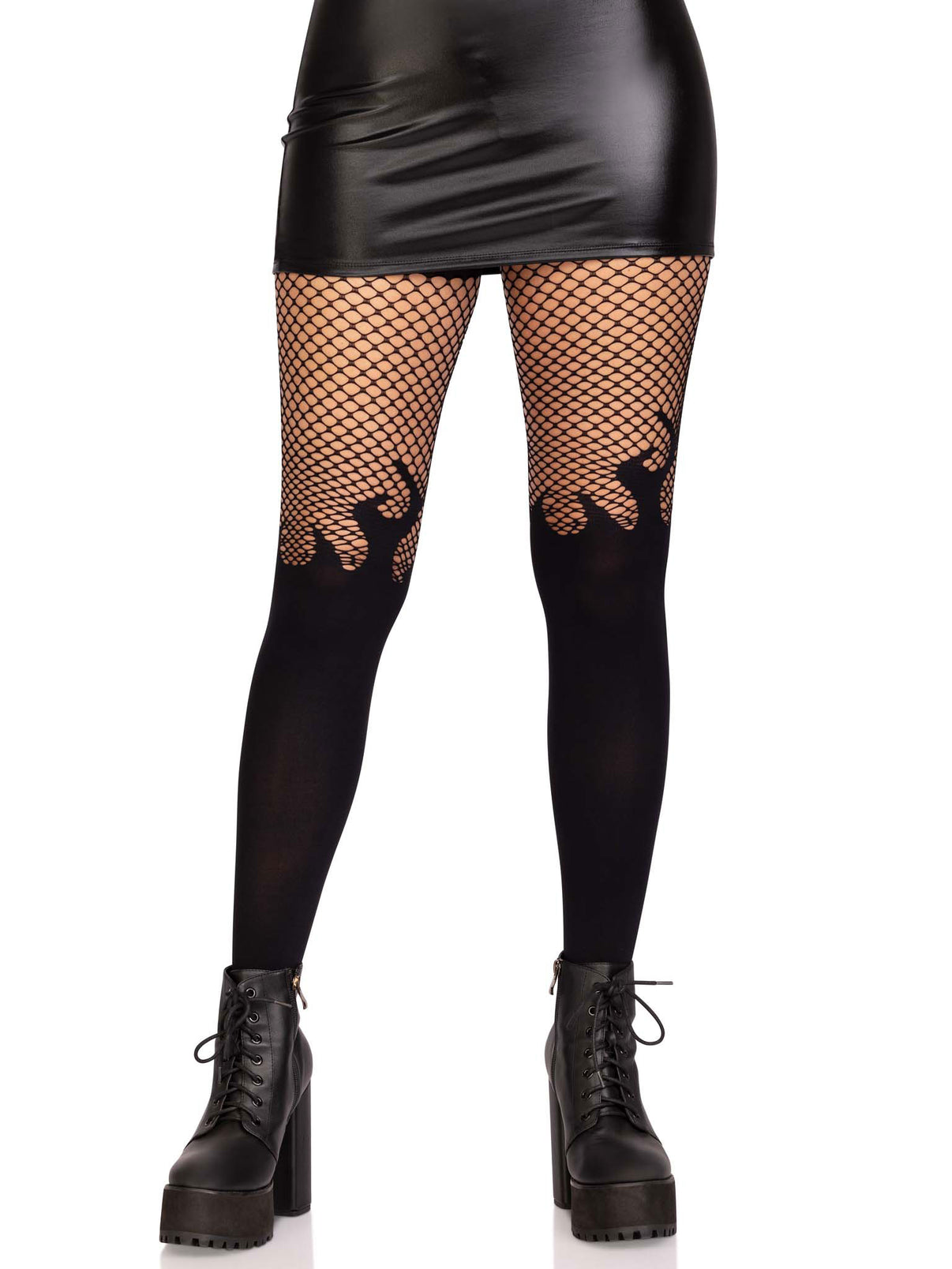 Opaque Flame Tights With Fishnet Top - One Size - Black | 714718565767 | Discreet Personal Wellness