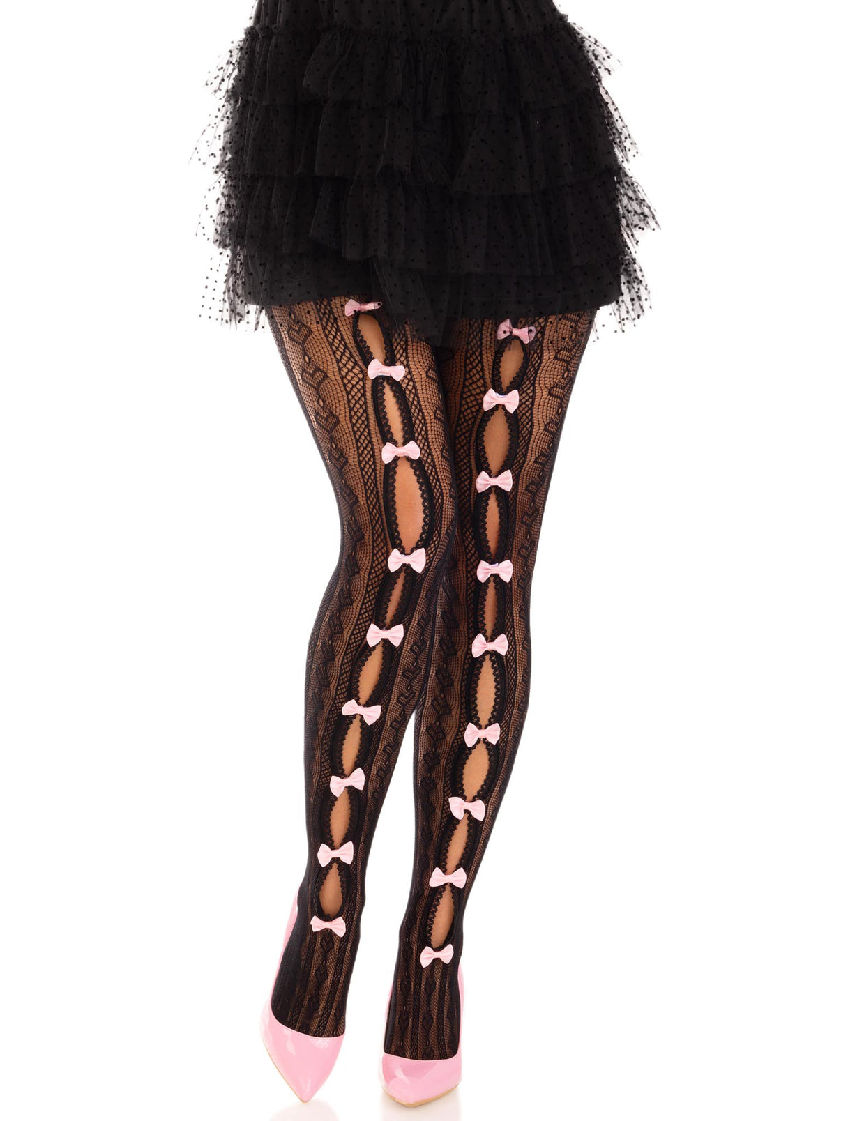 Sweetheart Striped Net Tights With Keyhole and Mini Bow Detail - One Size - Black | 714718570457 | Discreet Personal Wellness