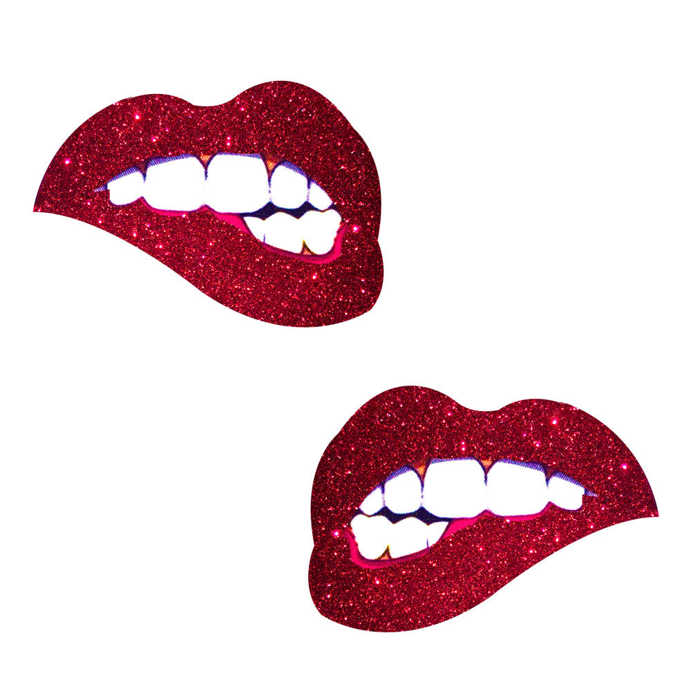Freaking Awesome Red Glitter Bite Me Nipztix Pasties | 045923590733 | Discreet Personal Wellness