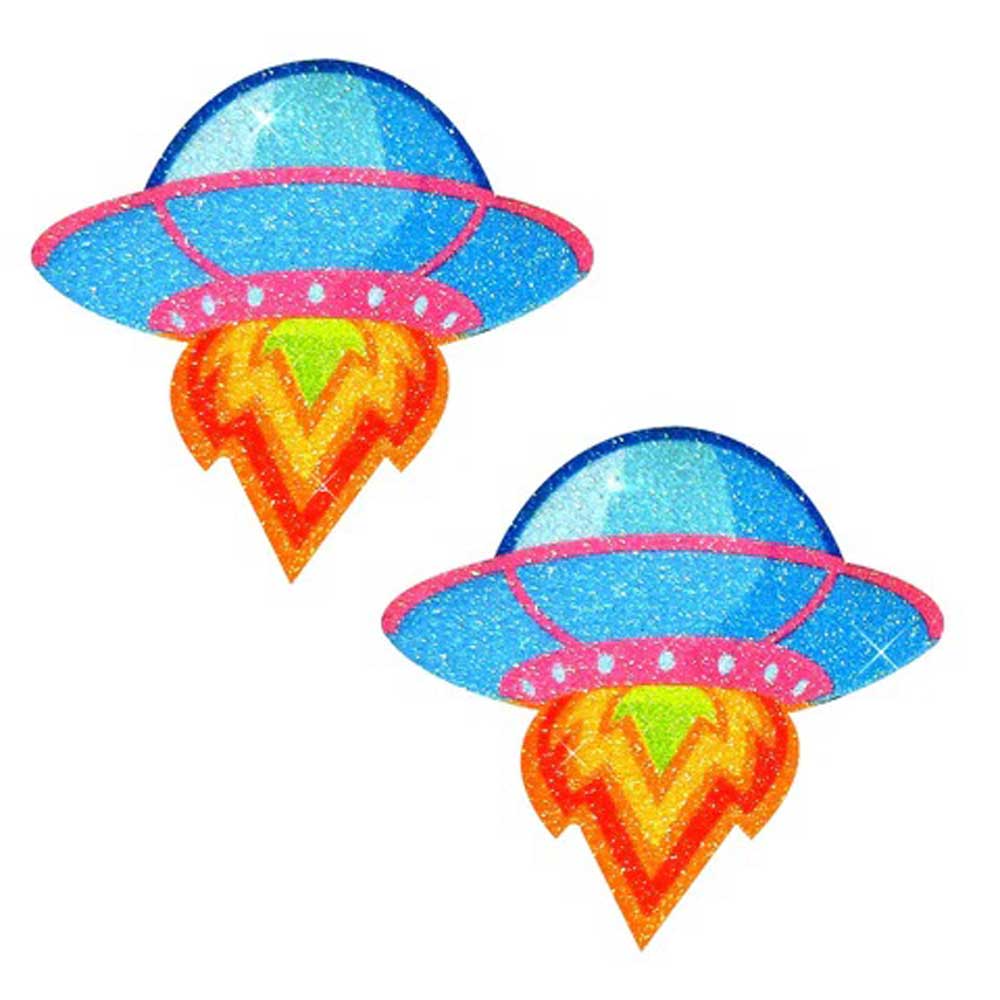 Freaking Awesome Blue Ufo Glitter Nipple Cover Pasties | 810121170526 | Discreet Personal Wellness