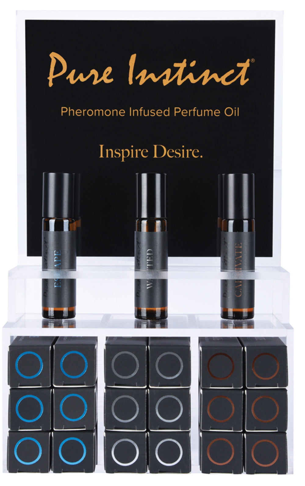 Pure Instinct Pheromone Infused Perfume Oil Men Acrylic Cube Display with Testers (22 Pcs) | 638258906517 | Discreet Personal Wellness