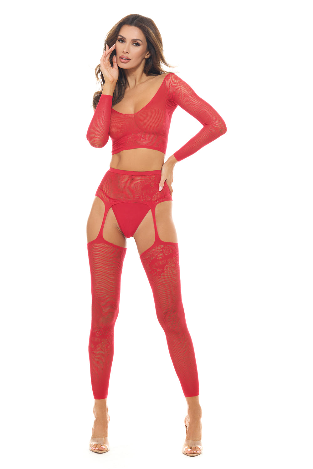 Permanent Mark Long Sleeve Top and Garter Bodystocking Red - Os | 198441043806 | Discreet Personal Wellness