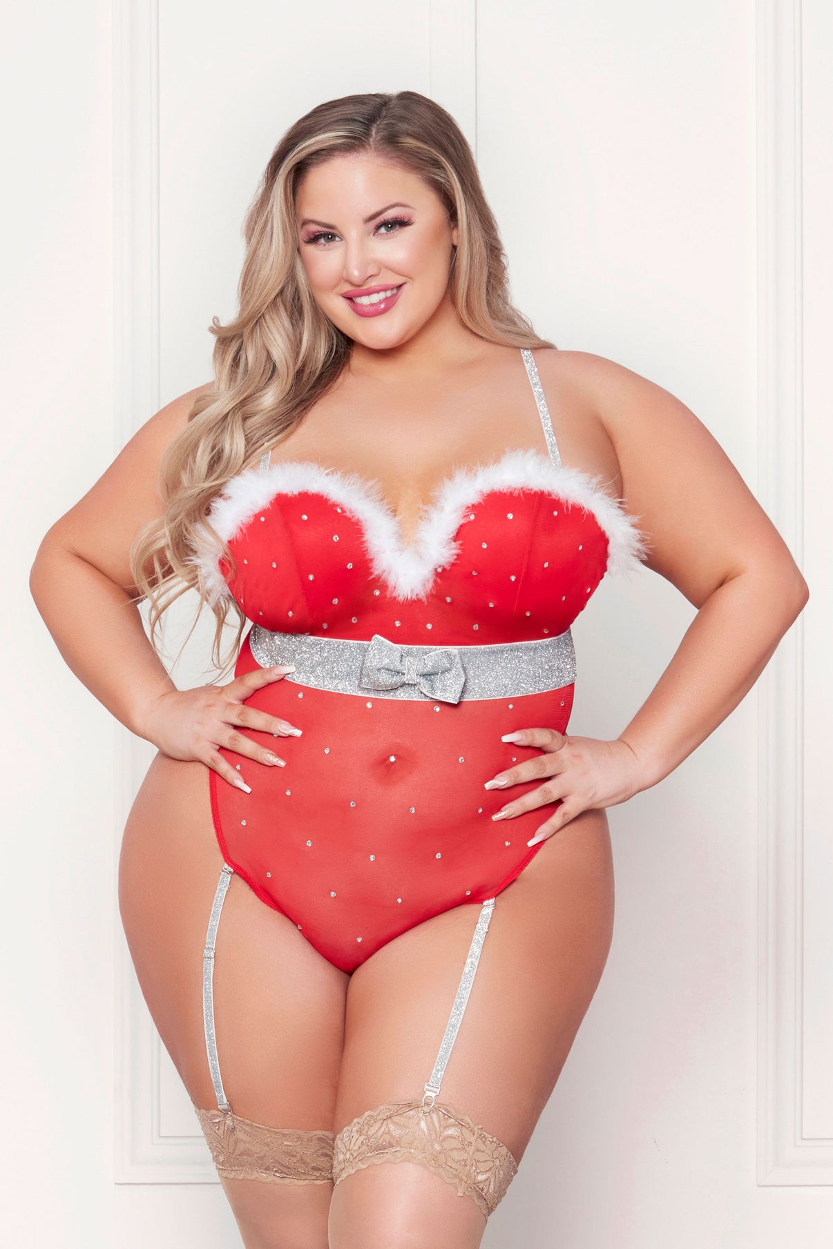 Rhinestone Studded Mesh Teddy With Marabou Trim - 3x/4x - Red | 840091731144 | Discreet Personal Wellness