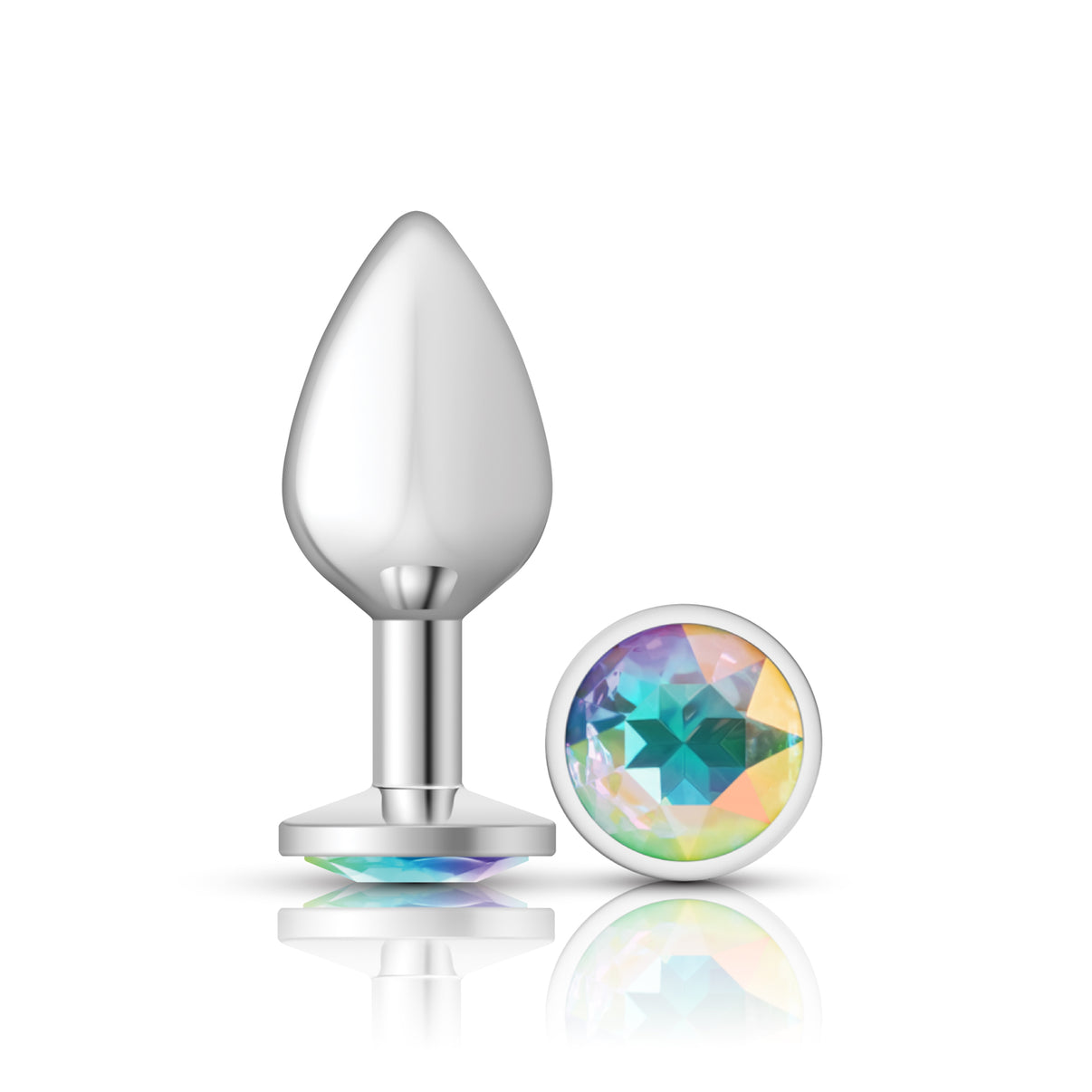 Cheeky Charms-Silver Metal Butt Plug- Round-Clear-Medium | 850018691154 | Discreet Personal Wellness