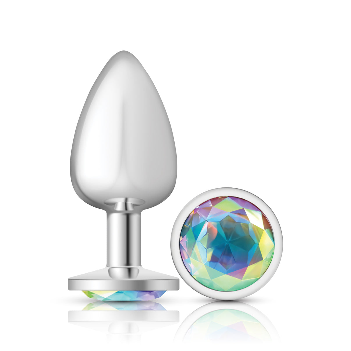 Cheeky Charms-Silver Metal Butt Plug- Round-Clear-Large | 850018691161 | Discreet Personal Wellness
