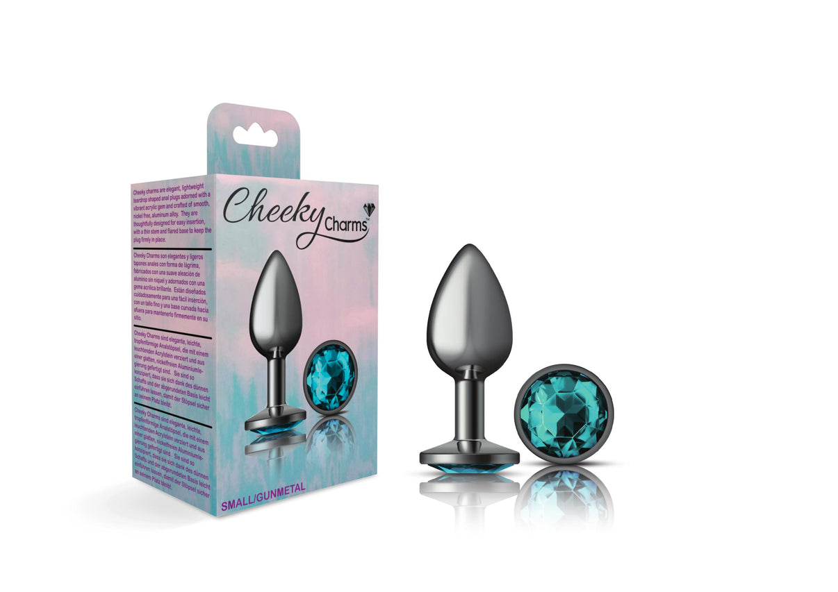 Cheeky Charms-Gunmetal Metal Butt Plug- Round-Teal-Small | 850018691208 | Discreet Personal Wellness
