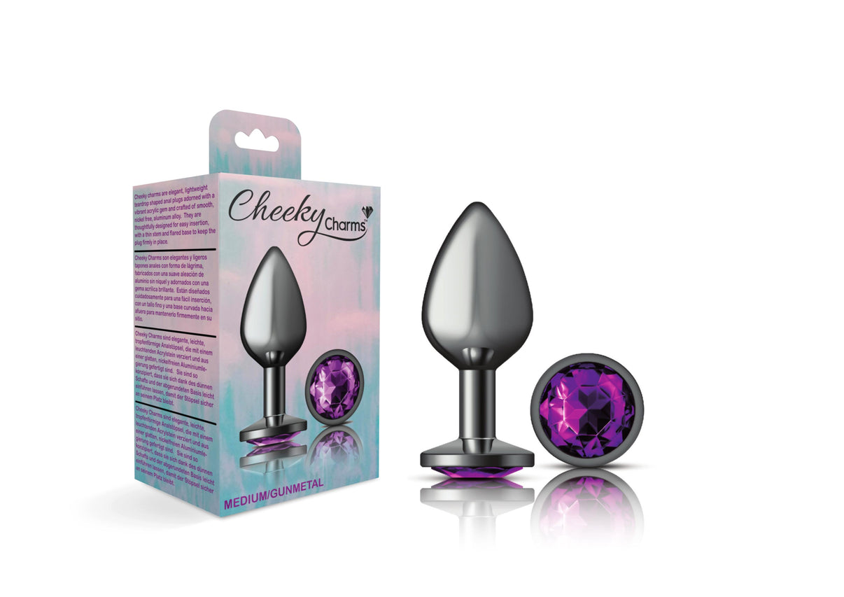 Cheeky Charms-Gunmetal Metal Butt Plug- Round-Deep Purple-Medium | 850018691246 | Discreet Personal Wellness