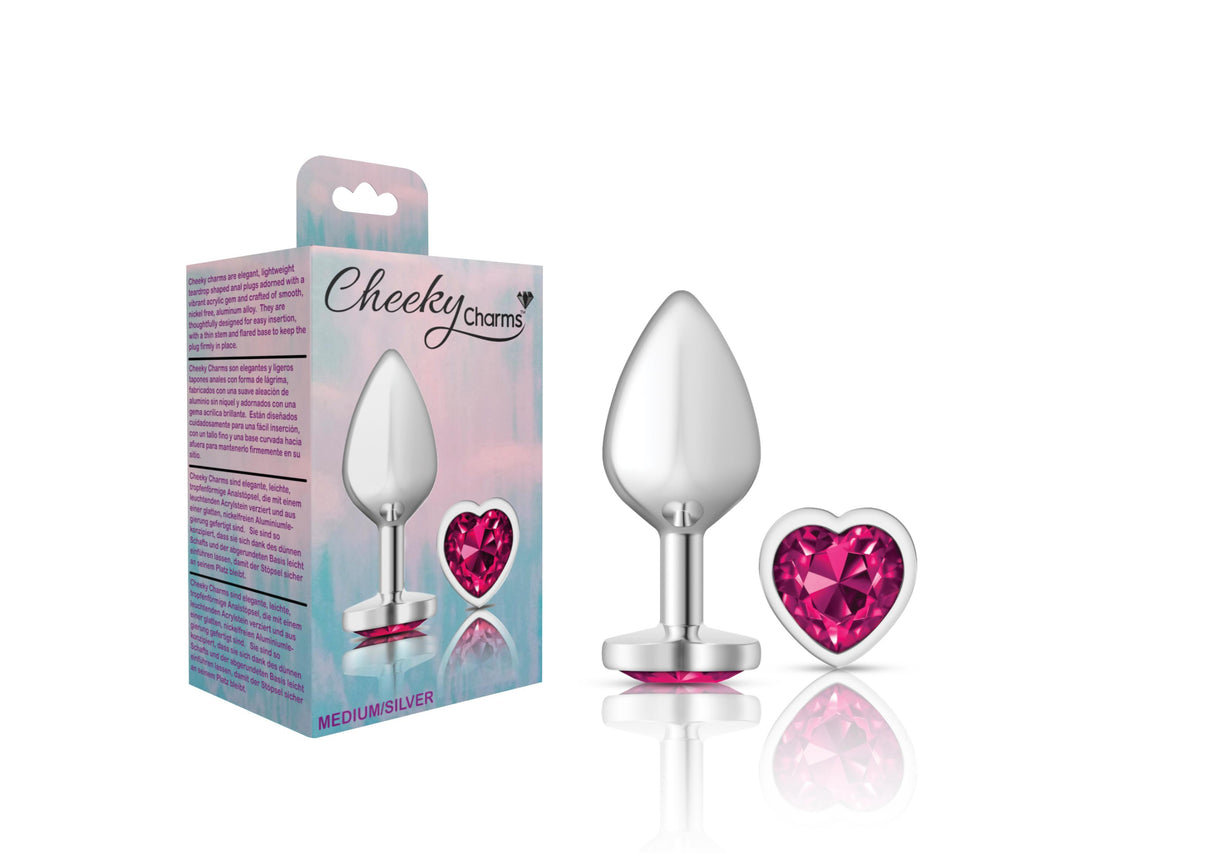 Cheeky Charms-Silver Metal Butt Plug- Heart-Bright Pink-Medium | 850018691307 | Discreet Personal Wellness