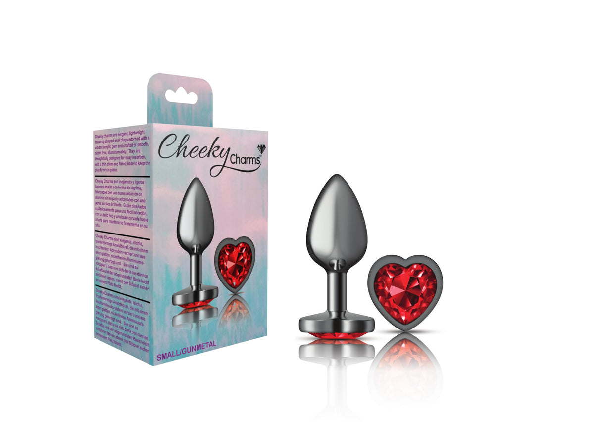 Cheeky Charms-Gunmetal Metal Butt Plug- Heart-Dark Red-Small | 850018691352 | Discreet Personal Wellness