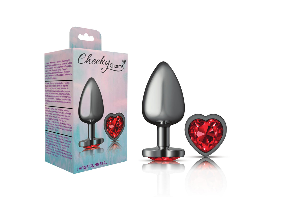 Cheeky Charms-Gunmetal Metal Butt Plug- Heart-Dark Red-Large | 850018691376 | Discreet Personal Wellness