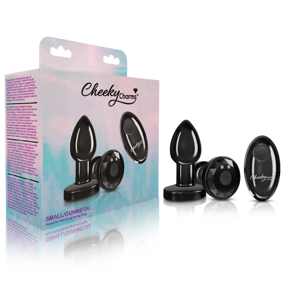 Cheeky Charms - Rechargeable Vibrating Metal Butt Plug With Remote Control - Gunmetal - Small | 850018691444 | Discreet Personal Wellness