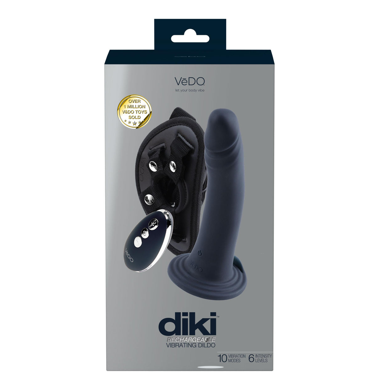 Diki Rechargeable Vibrating Dildo With Harness - Just Black | 716053727961 | Discreet Personal Wellness