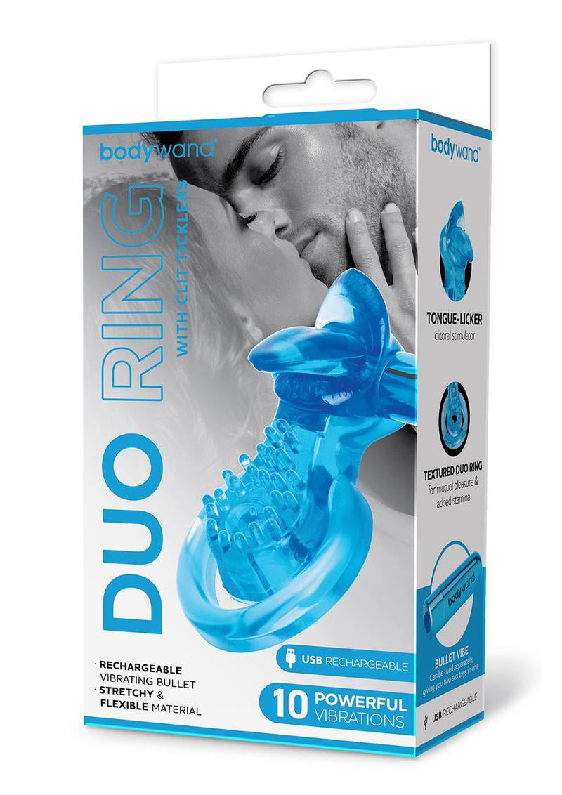 Bodywand Rechargeable Duo Ring With Clitoris Tickler - Blue | 848416013357 | Discreet Personal Wellness