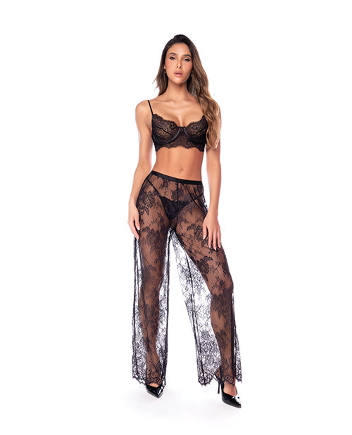 Underwire Lace Bra, Lace Wide Leg Pants, & Thong 3 pc Set - Black MD